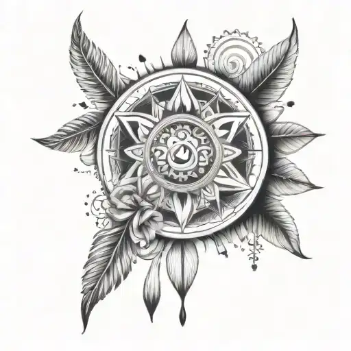Incorporate a mandala, buddhist symbols, a quill pen and musical notes tattoo design idea