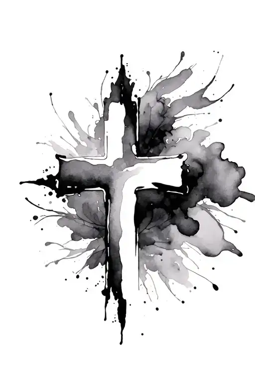 A black and white decorative cross with watercolor wisps around it tattoo design idea