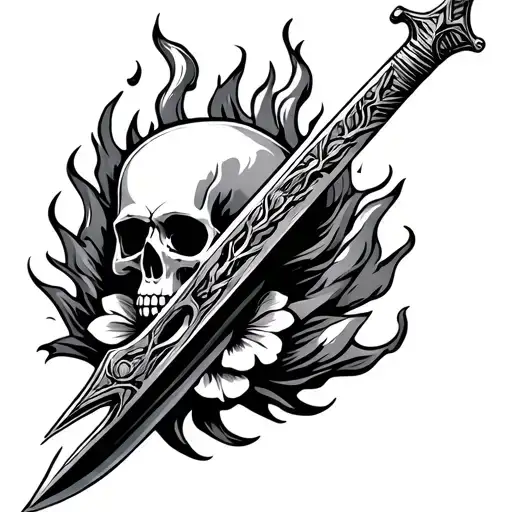 sword in fire. skull with open mouth. lutos flower. tree string. tattoo design idea