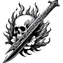 sword in fire. skull with open mouth. lutos flower. tree string. tattoo design idea