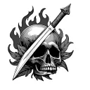 sword in fire. skull with open mouth. lutos flower. tree string. tattoo design idea