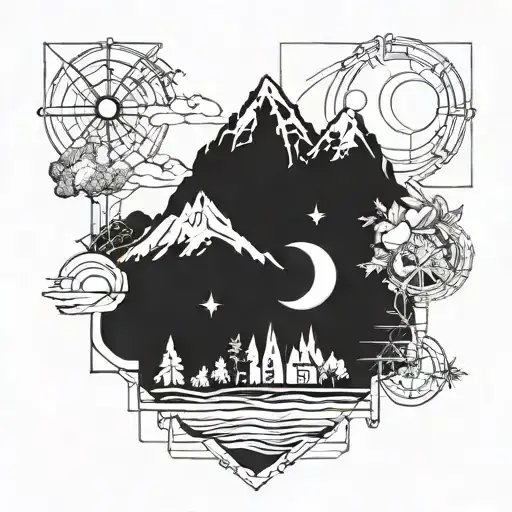 A tattoo of a civil engineer's blueprint incorporating elements of nature and mountains tattoo design idea