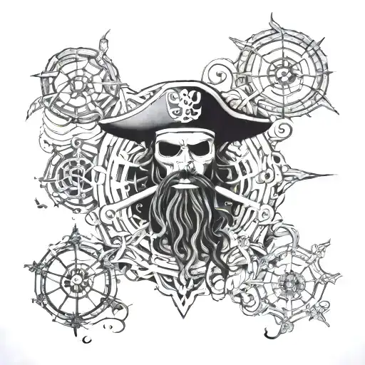 A tattoo inspired by the legend of Edward Teach (Blackbeard), featuring a mix of pirate and gothic elements such as spiders and nudity tattoo design idea