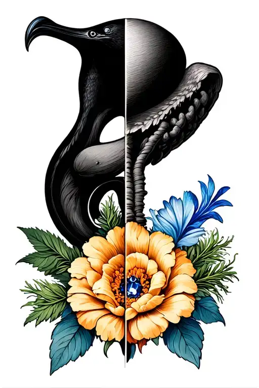 Uterus Libra scale with one side with aster, morning glory, dill hawk, blue, sapphire,  and the other side with marigold tattoo design idea