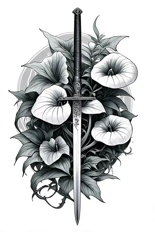 katana and carnivorous plants intertwined tattoo design idea