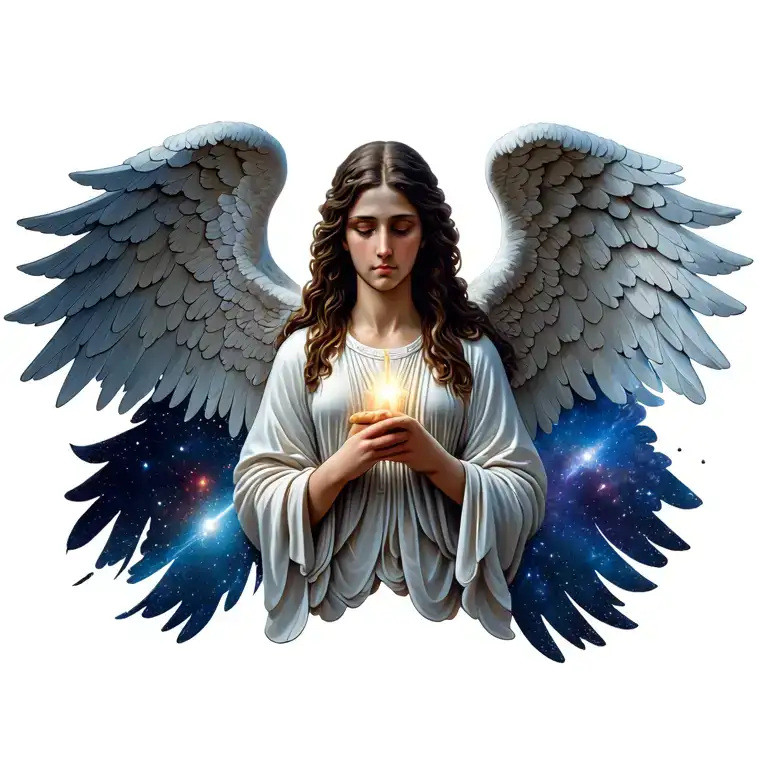 religion (Christian, catholic, Islam, Judaism, Buddhism(nirvana) put seraphim angels, backgroun with a space (astronomy) tattoo design idea