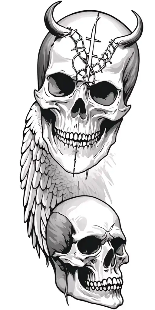 angel skull, devil skull, gritt, prison, barbed wire, cross, faith, love tattoo design idea
