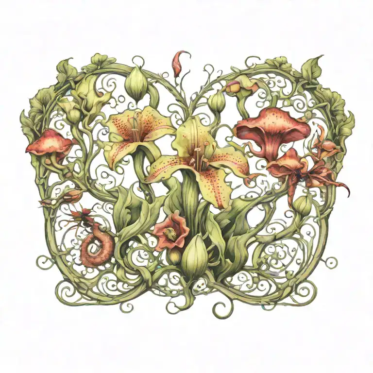 A unique tattoo design combining a collection of carnivorous plants like pitcher plants and sundews with a variety of exotic insects, creating a surreal and captivating scene tattoo design idea