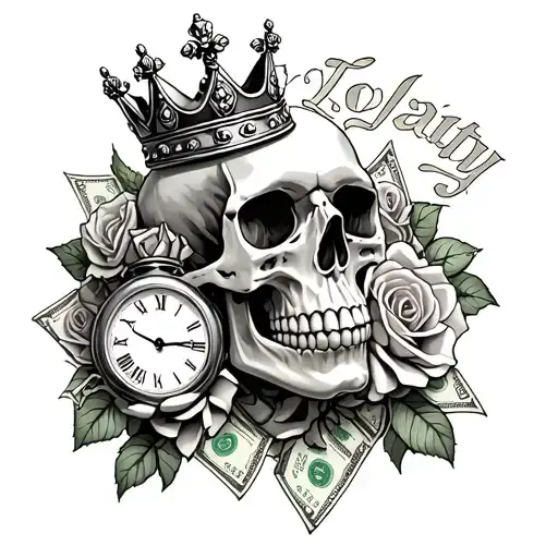 Realistic skull wearing a crown, surrounded by roses and dollar bills, broken clock behind, Old English text "Loyalty" i tattoo design idea