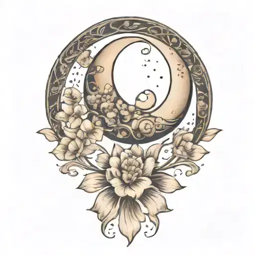 crescent moon, floral, symmetrical, art nouveau  tattoo design idea