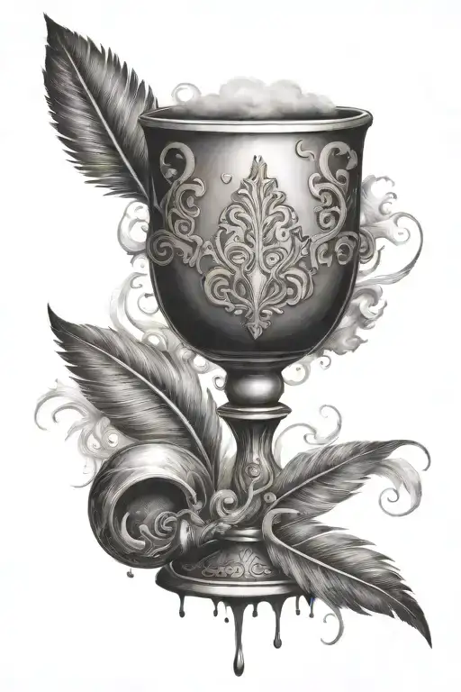 chalice with ink one feather quill scrawling I am immortal  tattoo design idea
