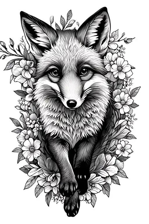 floral lace background with fox running through forest tattoo design idea