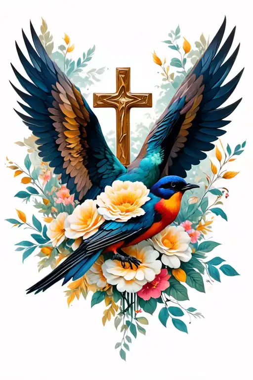 professional camera with wings like a memorial that has some masculine floral, and a cross, birds flying to heaven tattoo design idea