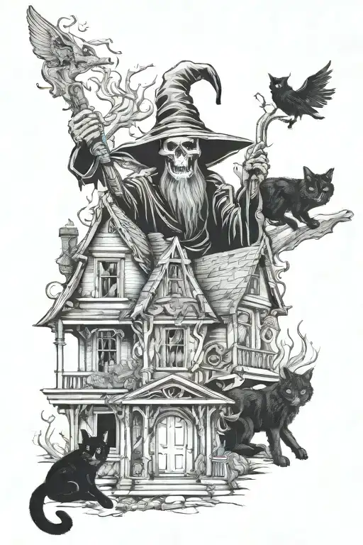 Create a realism tattoo of a grim reaper with tarot cards, a wendigo, baba yaga's house, and a double headed black cat tattoo design idea