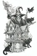 Create a realism tattoo of a grim reaper with tarot cards, a wendigo, baba yaga's house, and a double headed black cat tattoo design idea