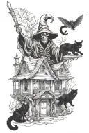 Create a realism tattoo of a grim reaper with tarot cards, a wendigo, baba yaga's house, and a double headed black cat tattoo design idea