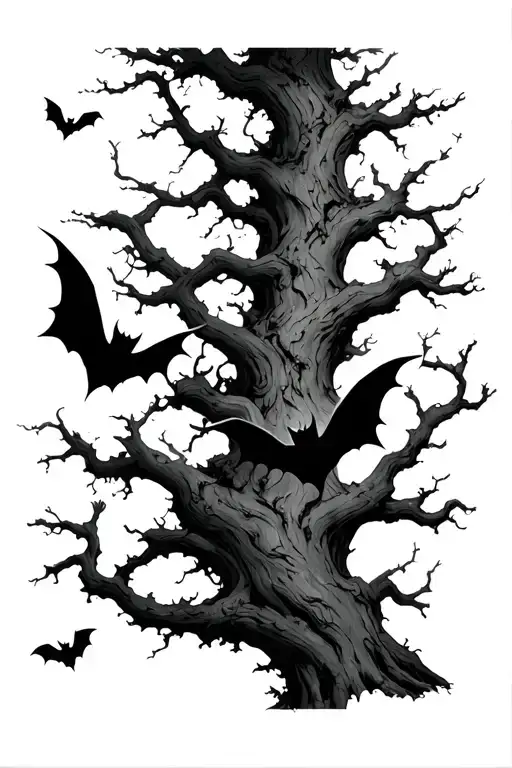 tree branches with bats flying across tattoo design idea