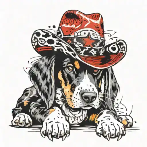 Black white and Tan coonhound puppy wearing a cowboy hat tattoo design idea