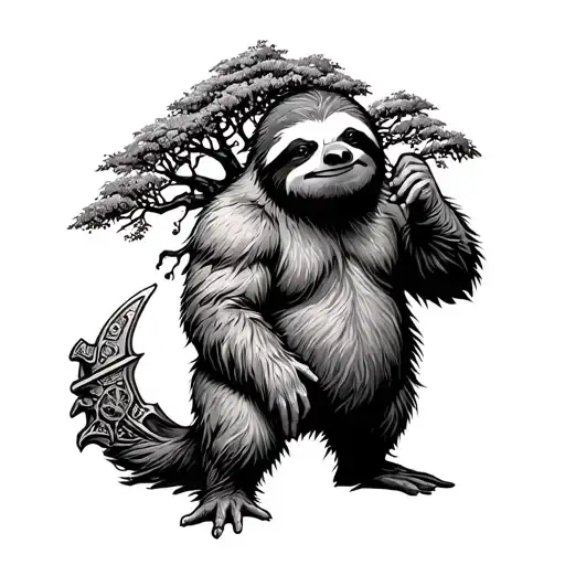 Funny sloth standing confidently holding an ancient Tree of Life as a weapon over his shoulder, blackwork tattoo style tattoo design idea