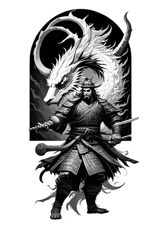 samurai warrior battling mythical creatures tattoo design idea