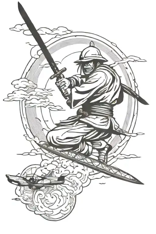 kamikaze plane, samurai, katana, full moon surrounded tattoo design idea