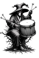 Wicked plague doctor holding drumsticks made of bone. Sitting on a bass drum with thorny vines growing around him. tattoo design idea