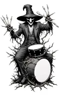 Wicked plague doctor holding drumsticks made of bone. Sitting on a bass drum with thorny vines growing around him. tattoo design idea