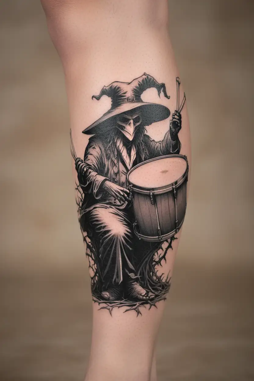 Wicked plague doctor holding drumsticks made of bone. Sitting on a bass drum with thorny vines growing around him. tattoo design idea