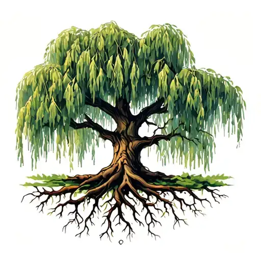 weeping willow tree with roots tattoo design idea