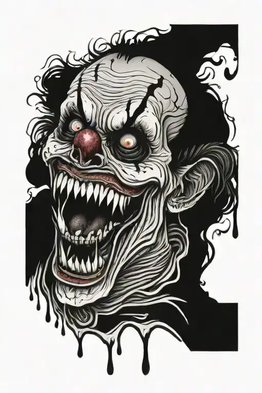 zombie clown, missing bottom jaw , its skin is melting tattoo design idea