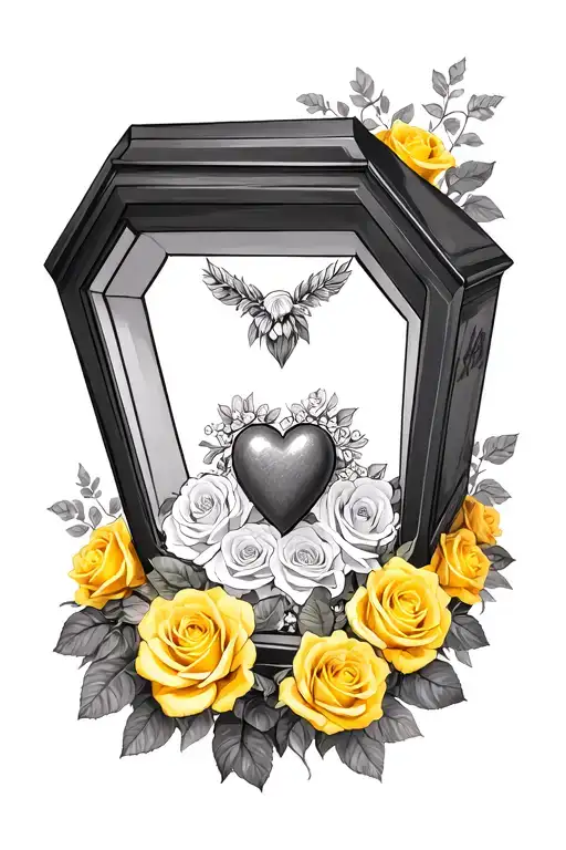 Casket with heart inside surrounded by yellow roses tattoo design idea