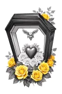 Casket with heart inside surrounded by yellow roses tattoo design idea