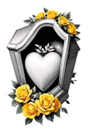 Casket with heart inside surrounded by yellow roses tattoo design idea