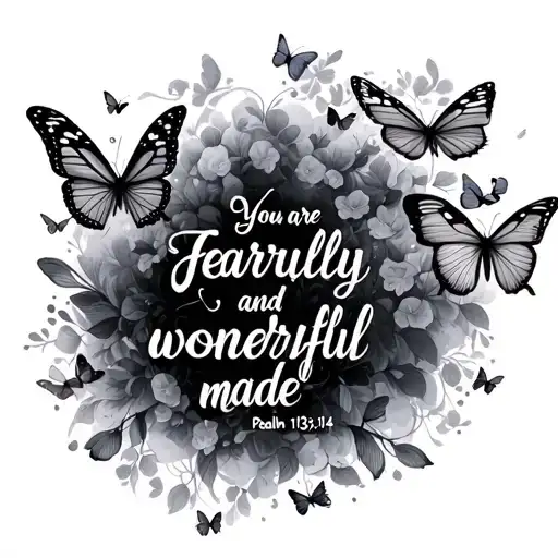 "You are fearfully and wonderfully made-Psalm 139:14" with butterflies landing on it tattoo design idea
