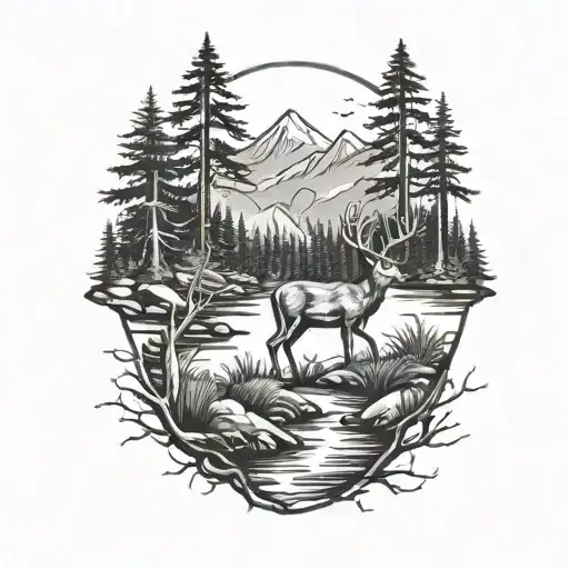 forest,mountains,creek,whitetail buck deer tattoo design idea