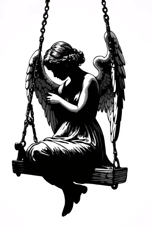 angel girl sitting on swing hanging head bowed pose with water colour tattoo design idea
