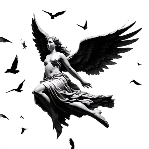 falling angel with wings spread wide with birds flying around tattoo design idea
