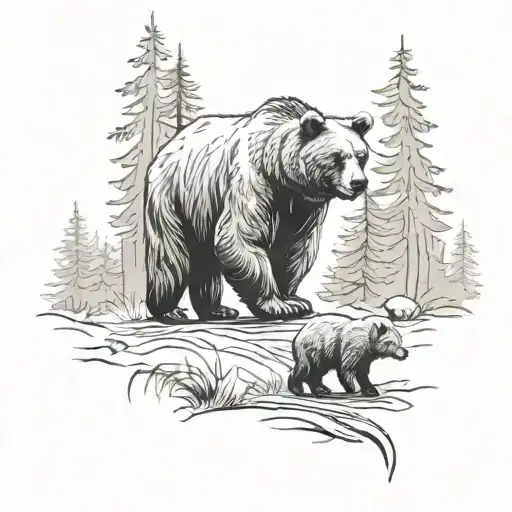 bear with its cub walking through a forest scene tattoo design idea