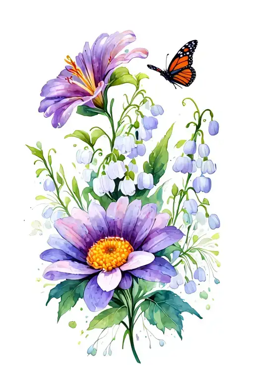 Chrysanthemum flower, lilly of the valley flower, violet flower, monarch butterfly tattoo design idea