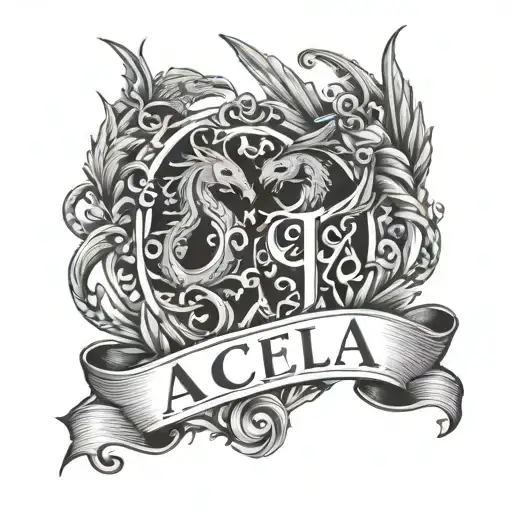 combine the names Acela lyric and Draco using old English letter type styled  tattoo design idea