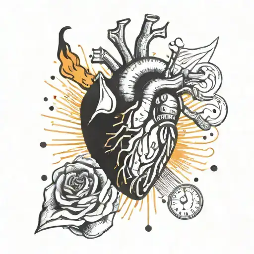 Anatomy heart in flames, morse code, i want to be with you tattoo design idea