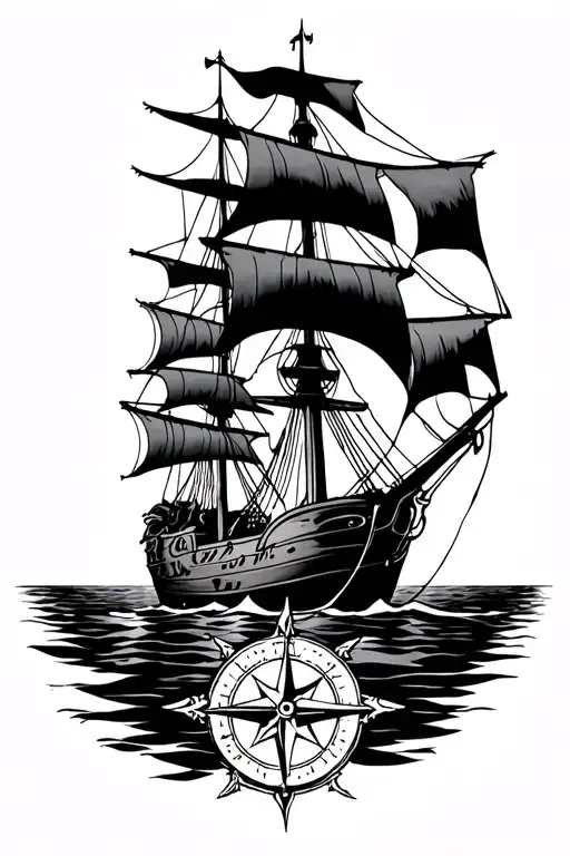 pirate ship sailing, treasure, broken compass and a half female skeleton  tattoo design idea