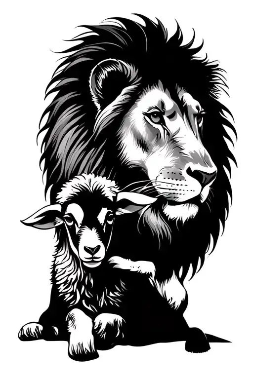 Lion protecting a lamb laying face tattoo design idea