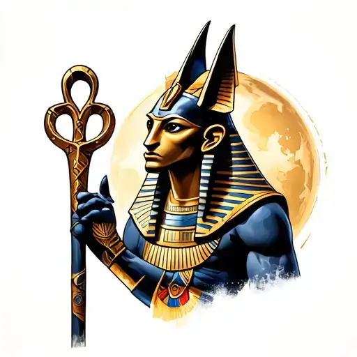 Egyptian god Anubis with a staff of ankh tattoo design idea