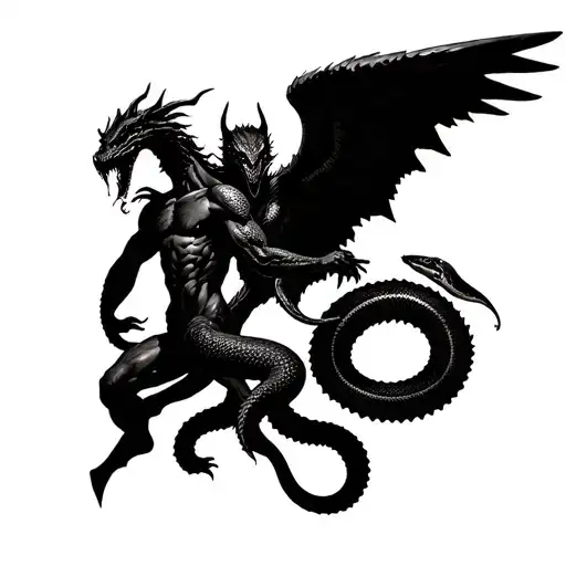 An angel and devil engaged in a fierce battle, with a snake and dragon coiled around them tattoo design idea