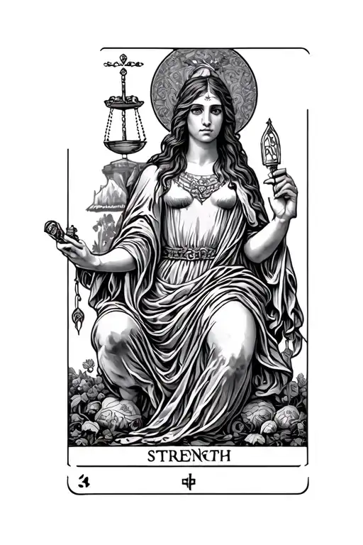 Piece up for me 4 tarot card (hermit, justice, temperance and strength) into a single artwork for a thigh piece tattoo i tattoo design idea