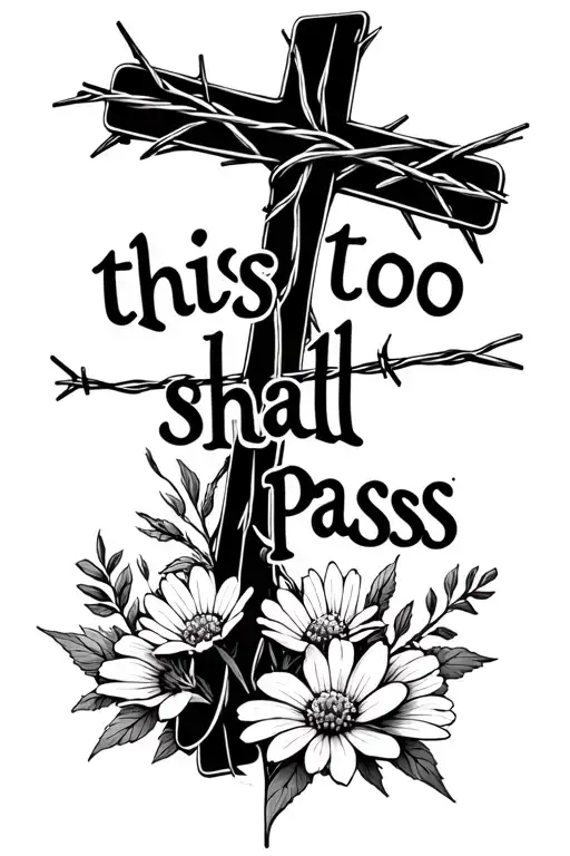 "“this too shall pass”" barbed wire cross, wildflowers intertwined, deck of cards tattoo design idea