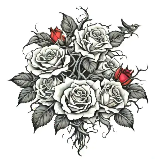 poison tree with wilted roses and thorns theres birds swarming nearby with red blood on the roses tattoo design idea
