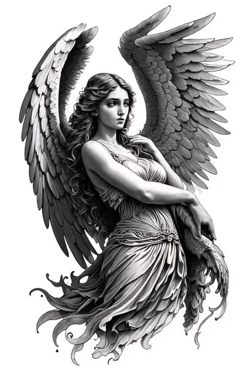 black and white guardian angel dramatic woman tattoo design idea