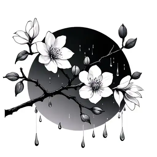 rain and plum blossoms on branch tattoo design idea